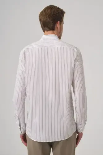 Modazone Мужская Бежевая Хлопковая Tрендовая Полосатая Slim Fit Полуитальянская Рубашка с Воротником - 5