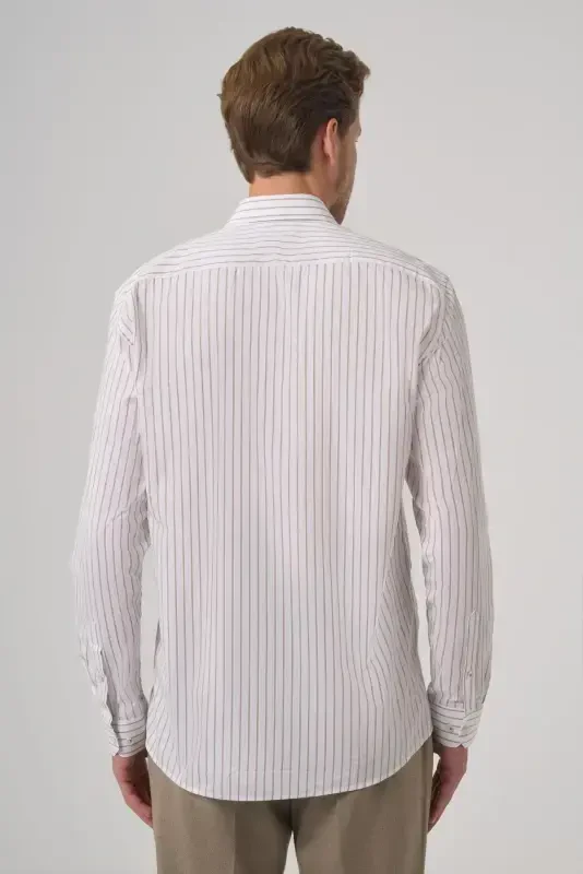 Modazone Мужская Бежевая Хлопковая Tрендовая Полосатая Slim Fit Полуитальянская Рубашка с Воротником - 5