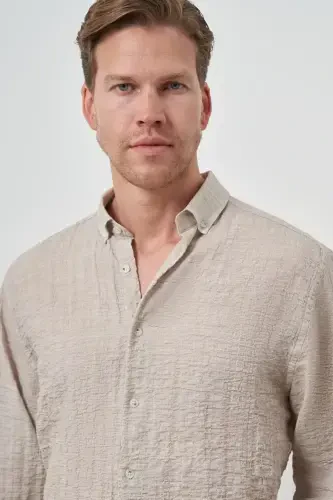 Modazone Мужская бежевая хлопковая трендовая приталенная рубашка с воротником на пуговицах - 3