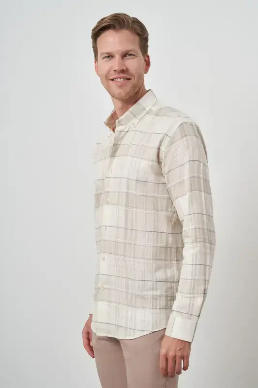 Modazone Erkek Bej Pamuk Trend Panolu Dynamic Fit Gömlek - 4