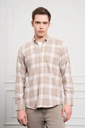 Modazone Мужская Бежевая Зимняя Рубашка на Пуговицах с Обычным Воротником - 2