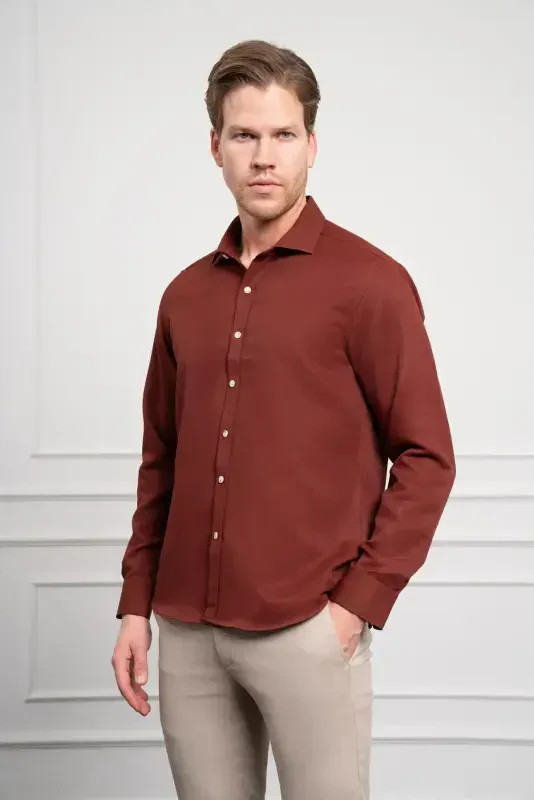 Modazone Мужская Бордовый Тренд Итальянский Воротник Slim Fit Узкий Крой Рубашка - 3