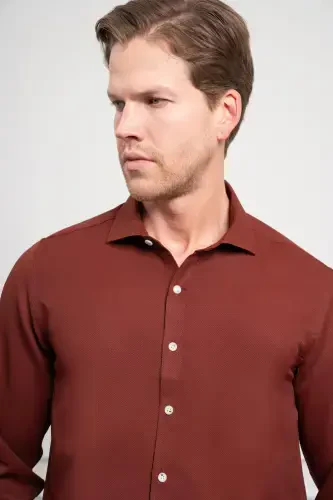 Modazone Мужская Бордовый Тренд Итальянский Воротник Slim Fit Узкий Крой Рубашка - 4