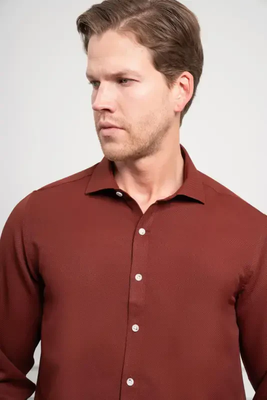 Modazone Мужская Бордовый Тренд Итальянский Воротник Slim Fit Узкий Крой Рубашка - 4