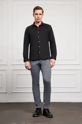 Modazone Мужская Черная Модная Итальянский Воротник Slim Fit Узкий Крой Рубашка - 2