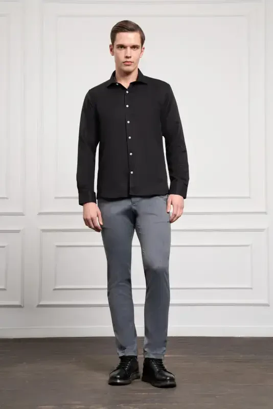 Modazone Мужская Черная Модная Итальянский Воротник Slim Fit Узкий Крой Рубашка - 2