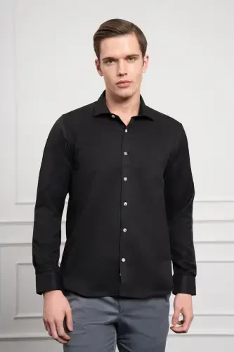 Modazone Мужская Черная Модная Итальянский Воротник Slim Fit Узкий Крой Рубашка - 4