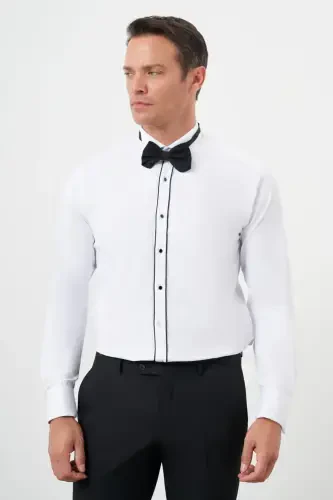 Modazone Мужская Черная Рубашка Slim Fit с Отложным Воротником и Однотонным Узором - MORVEN (1)