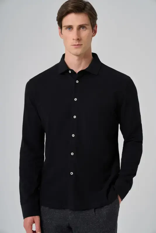 Modazone Мужская Черная Хлопковая Трендовая Динамичная Рубашка Приталенного Кроя с Итальянским Воротником и Рисунком Коры Дерева - 3