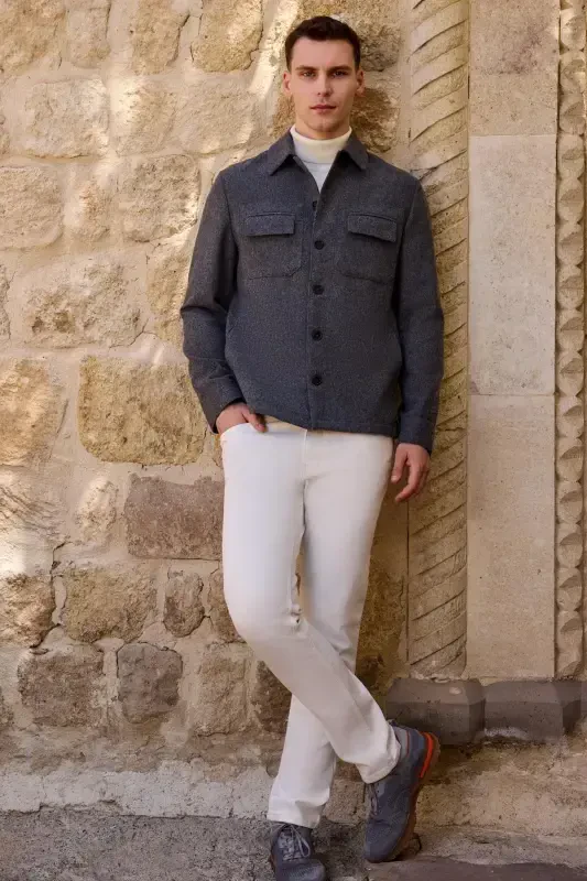 Modazone Мужская Дымчатая Шерстяная Куртка-Рубашка с Берберским Воротником и Двойными Карманами - 3