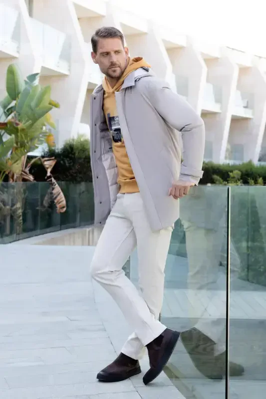 Modazone Мужская Каменная Полиамидная Куртка с Капюшоном на Кнопках - 3