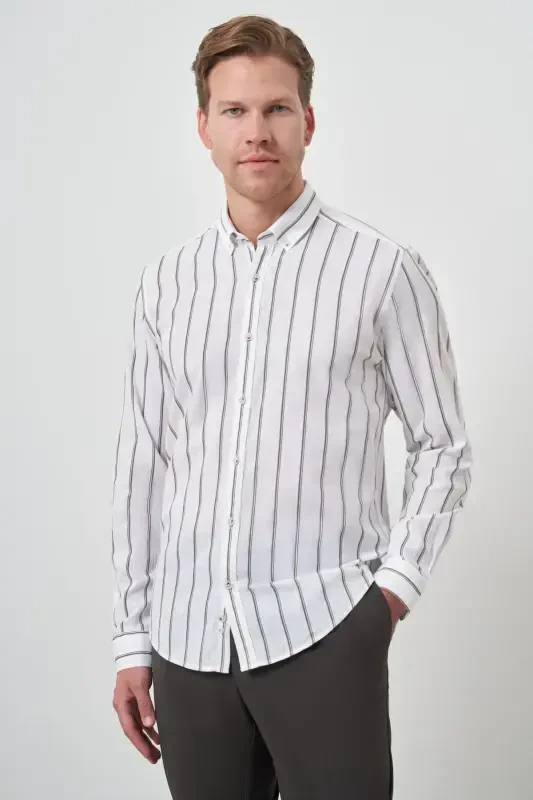 Modazone Мужская рубашка цвета хаки из льна Dynamic Fit с воротником на пуговицах - 1