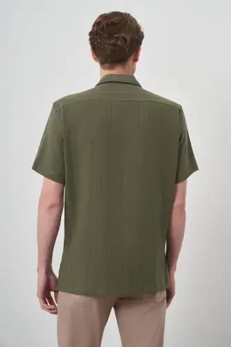 Modazone Мужская рубашка цвета хаки из льна, прямого кроя, с коротким рукавом и воротником апаш. - 5