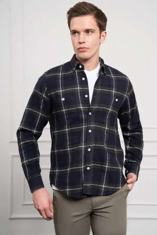 Modazone Мужская рубашка в клетку цвета хаки Regular Fit - MORVEN