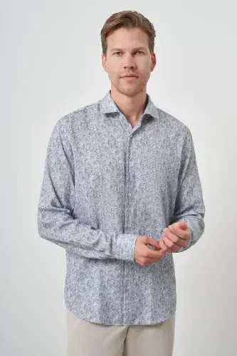 Modazone Мужская Серая Льняная Модная Приталенная Динамичная Рубашка на Пуговицах - 3