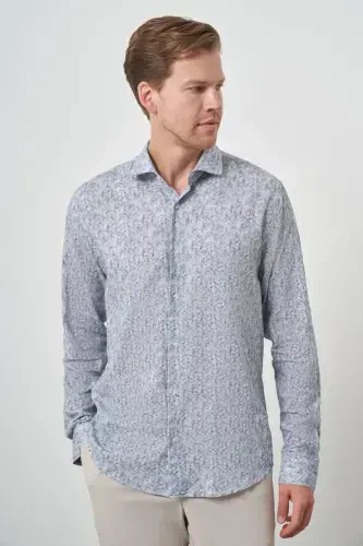 Modazone Мужская Серая Льняная Модная Приталенная Динамичная Рубашка на Пуговицах - 4