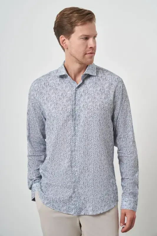 Modazone Мужская Серая Льняная Модная Приталенная Динамичная Рубашка на Пуговицах - 4