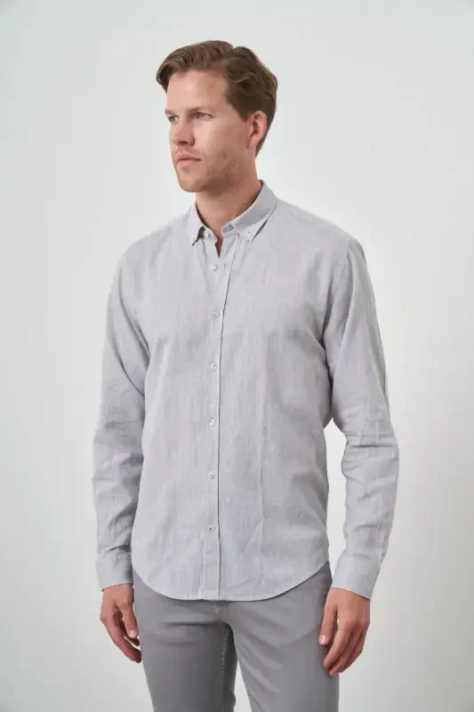 Modazone Мужская Серая Льняная Модная Приталенная Рубашка с Пуговицами на Воротнике - 3