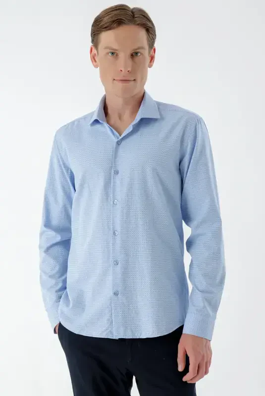 Modazone Мужская Синяя Модная Рубашка Slim Fit с Итальянским Воротником и Принтом - 2