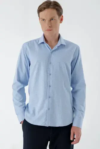 Modazone Мужская Синяя Модная Рубашка Slim Fit с Итальянским Воротником и Принтом - 3