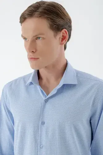 Modazone Мужская Синяя Модная Рубашка Slim Fit с Итальянским Воротником и Принтом - 4