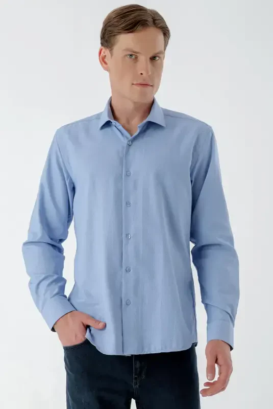 Modazone Мужская Синяя Модная Рубашка Slim Fit с Итальянским Воротником и Принтом - 1