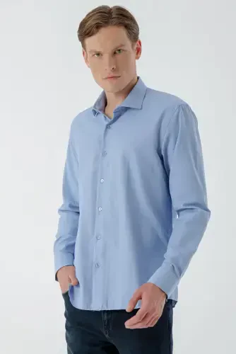 Modazone Мужская Синяя Модная Рубашка Slim Fit с Итальянским Воротником и Принтом - MORVEN (1)