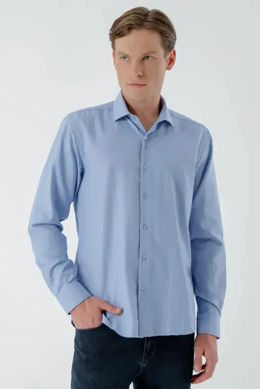 Modazone Мужская Синяя Модная Рубашка Slim Fit с Итальянским Воротником и Принтом - 5