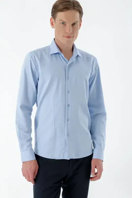 Modazone Мужская Синяя Модная Рубашка Slim Fit с Итальянским Воротником и Узорным Принтом - MORVEN