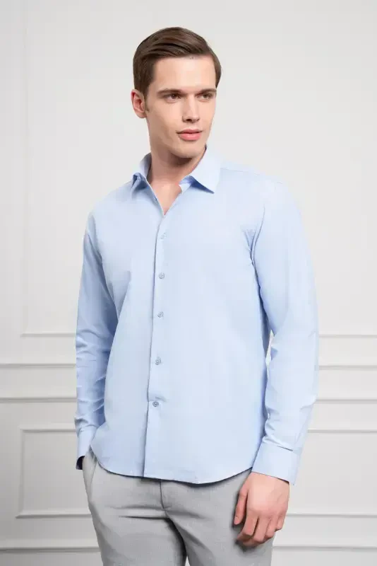 Modazone Мужская Синяя Slim Fit Узкая Посадка Жесткий Спортивный Воротник Рубашка - 4