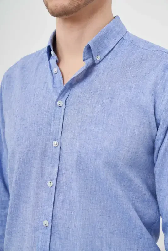 Modazone Мужская темно-синяя льняная рубашка Slim Fit с пуговицами и однотонным узором - 3