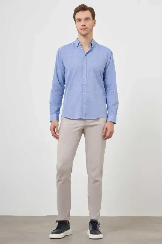 Modazone Мужская темно-синяя льняная рубашка Slim Fit с пуговицами и однотонным узором - 4