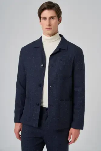 Modazone Мужская темно-синяя шерстяная рубашка с берберским воротником и накладным карманом - 2