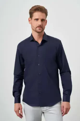 Modazone Мужская темно-синяя хлопковая рубашка Slim Fit с итальянским воротником и гладким узором - MORVEN (1)