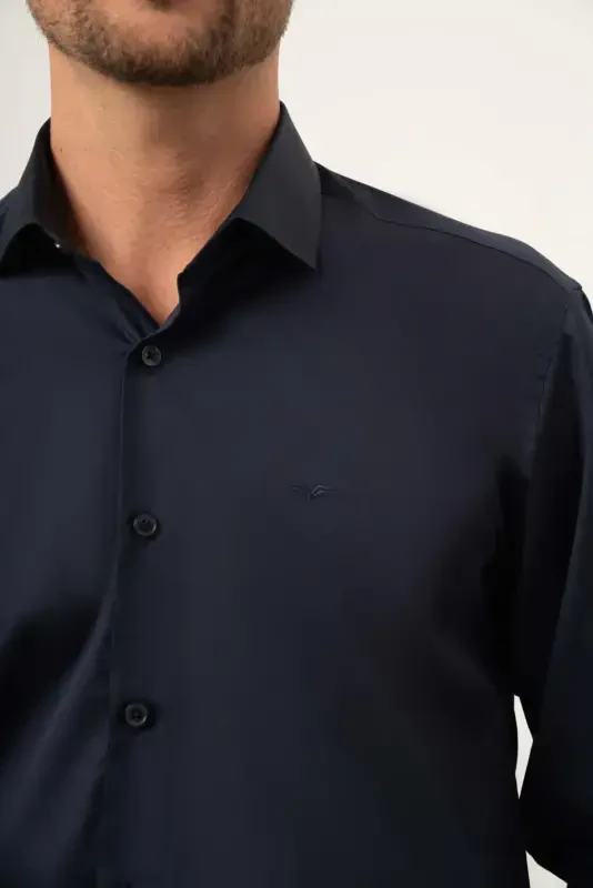 Modazone Мужская темно-синяя хлопковая рубашка Slim Fit с итальянским воротником и гладким узором - 3