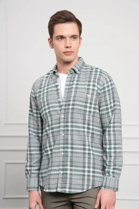 Modazone Мужская зеленая зимняя рубашка на пуговицах с воротником Regular Fit - 3