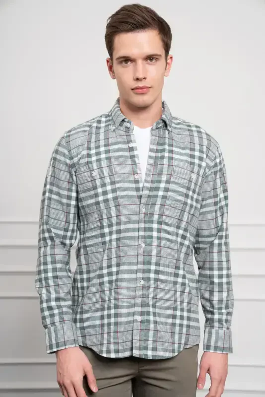 Modazone Мужская зеленая зимняя рубашка на пуговицах с воротником Regular Fit - 4