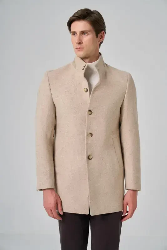 Modazone Мужское Бежевое Шерстяное Динамичное Приталенное Пальто с Воротником Стойкой - 4