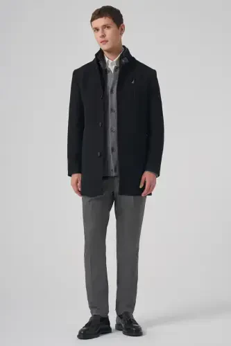 Modazone Мужское Черное Шерстяное Динамичное Приталенное Пальто Камбет со Съемной Планкой - 3