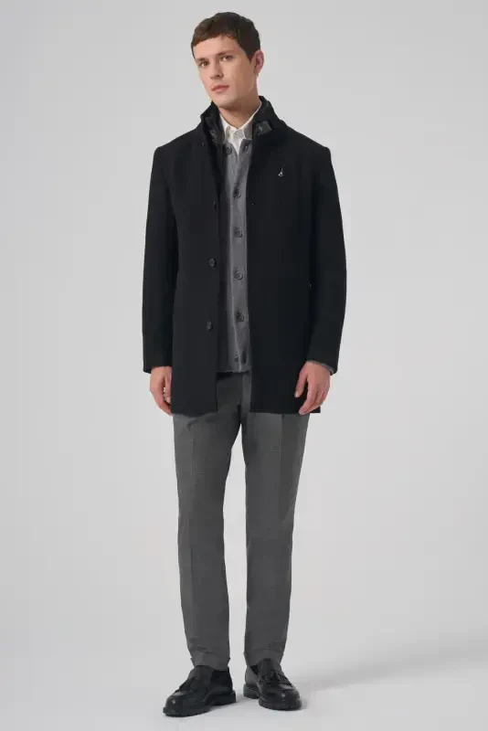 Modazone Мужское Черное Шерстяное Динамичное Приталенное Пальто Камбет со Съемной Планкой - 3