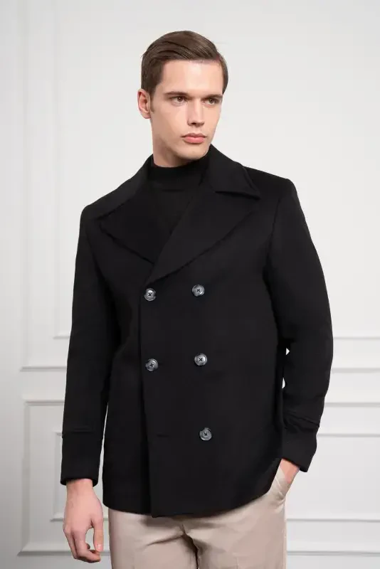Modazone Мужское Черное Шерстяное Двубортное Приталенное Пальто с Заостренным Воротником Dynamic Fit - 1