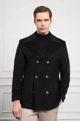 Modazone Мужское Черное Шерстяное Двубортное Приталенное Пальто с Заостренным Воротником Dynamic Fit - 2
