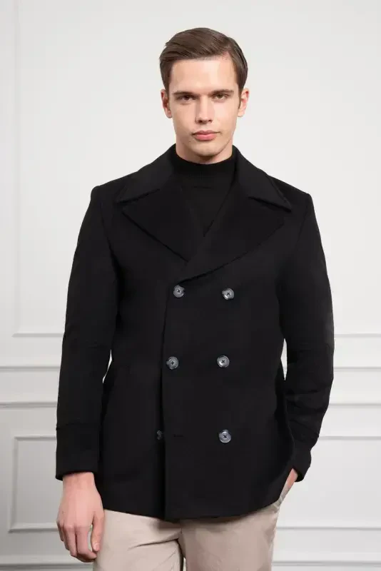 Modazone Мужское Черное Шерстяное Двубортное Приталенное Пальто с Заостренным Воротником Dynamic Fit - 2
