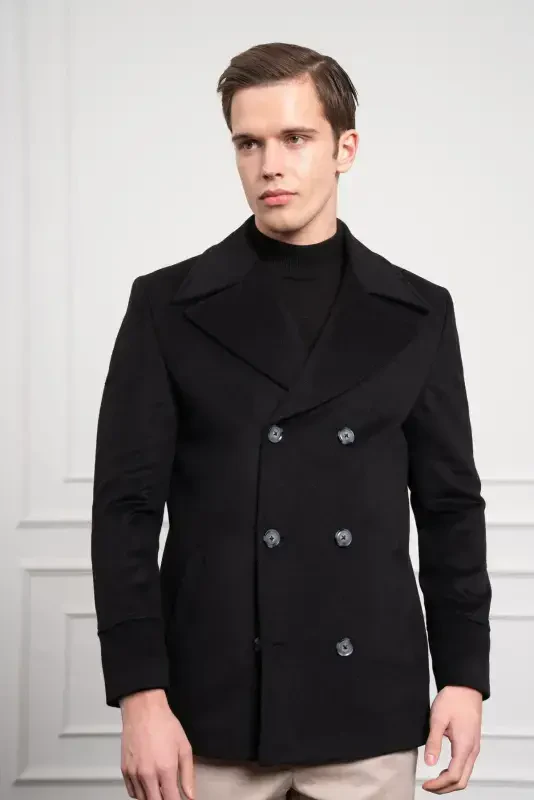 Modazone Мужское Черное Шерстяное Двубортное Приталенное Пальто с Заостренным Воротником Dynamic Fit - 3
