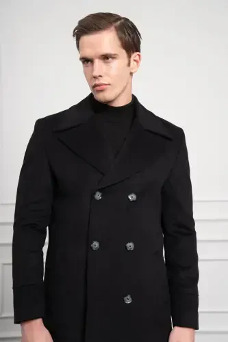 Modazone Мужское Черное Шерстяное Двубортное Приталенное Пальто с Заостренным Воротником Dynamic Fit - 4