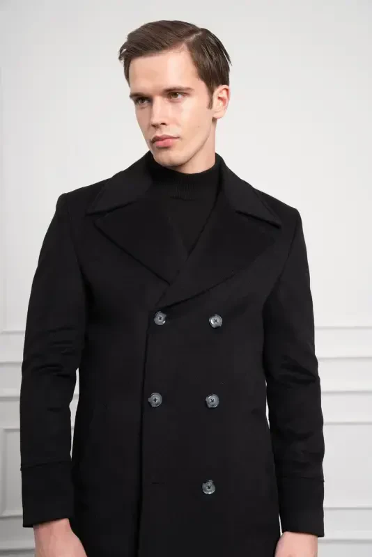 Modazone Мужское Черное Шерстяное Двубортное Приталенное Пальто с Заостренным Воротником Dynamic Fit - 4