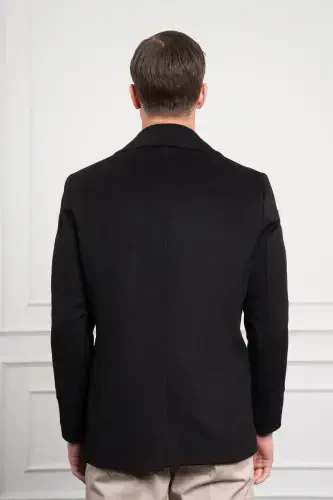 Modazone Мужское Черное Шерстяное Двубортное Приталенное Пальто с Заостренным Воротником Dynamic Fit - 5