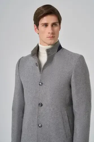 Modazone Мужское Серое Однотонное Пальто с Воротником Стойкой Dynamic Fit - 4