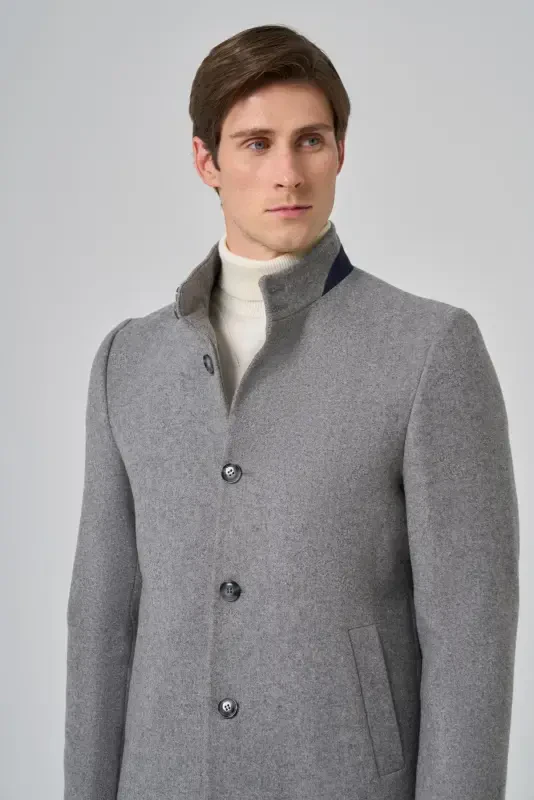 Modazone Мужское Серое Однотонное Пальто с Воротником Стойкой Dynamic Fit - 4