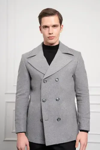 Modazone Мужское Серое Шерстяное Двубортное Dynamic Fit Пальто с Заостренным Воротником - 1